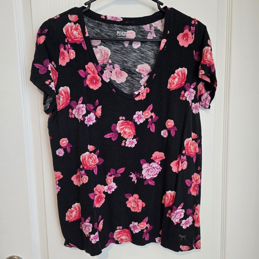 PINK Floral V-neck Tee
